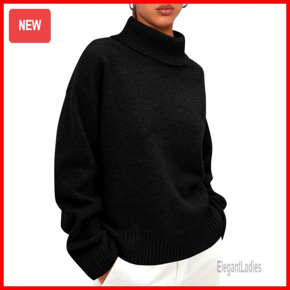 Chunky Knit Mock Turtleneck Pullover Sweater Loose Fit Long Sleeve
